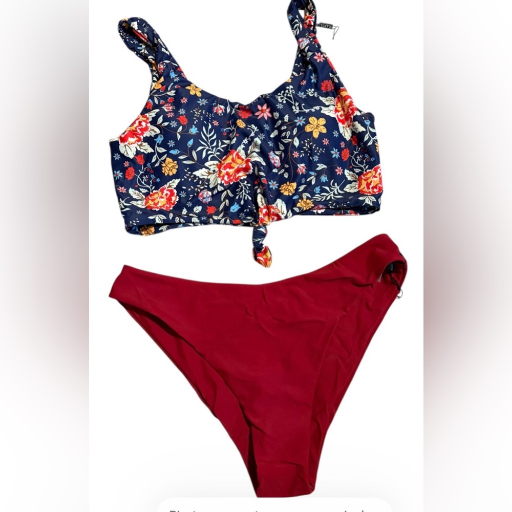 NWT Zaful Navy Floral Bikini with Red Bottom